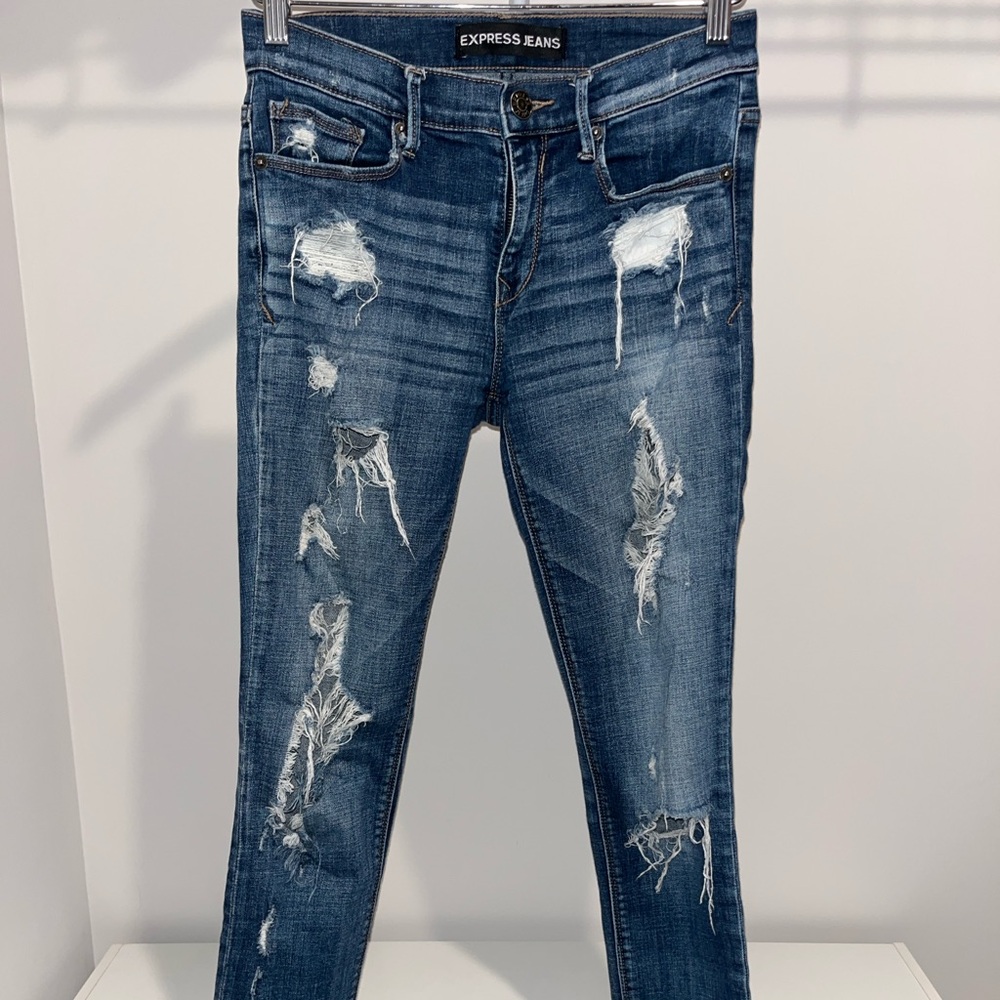 Express Blue Skinny Mid Rise Jeans with Distressed Details - Size 4